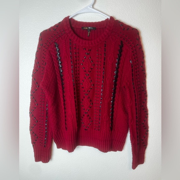 Maje Red Knit Sweater with Faux Leather Braiding Size 2/US M - Picture 1 of 7